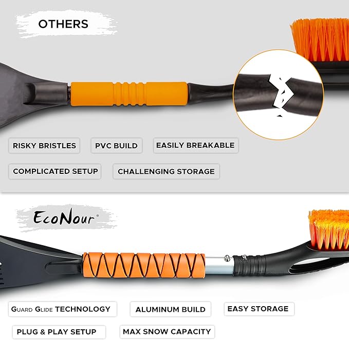 EcoNour 27" Aluminum Snow Brush 4 Pack with Ice Scrapers for Car Windshield and Window | Car Snow Scraper and Brush with Ergonomic Foam Grip Winter Accessories (Orange, Pink, Green, Blue)