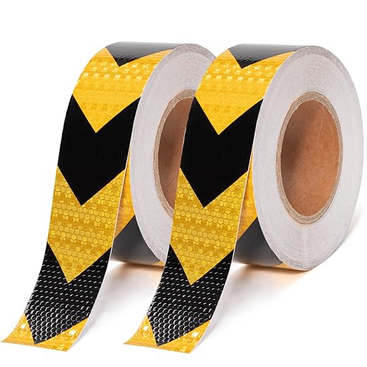 2 Inch X 200 Feet Black Yellow Arrow Reflective Hazard Safety Warning Caution Tape, Reflector Industrial Marking Tape for Trailers Vehicles Stairs Steps Floor Boats Outdoor Waterproof