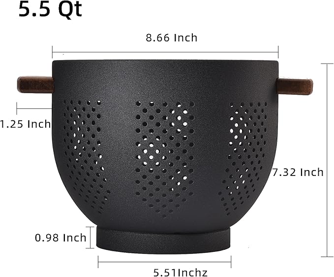 Metal Colander with Wood Handle and Stable Base, Powder Coated Steel Kitchen Strainer Basket for Draining Pasta, Vegetable and fruit(5.5quart,Matte Black)