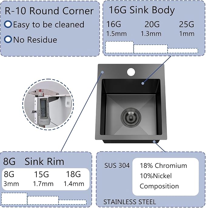 13x15 Inch Black Bar Sink Drop In Kitchen Sink, Topmount Stainless Steel Square Small Workstation Sinks, Single Bowl Kitchen Sinks for Laundry Wet Bar Prep RV Office Outdoor Yard,VALISY JB029B