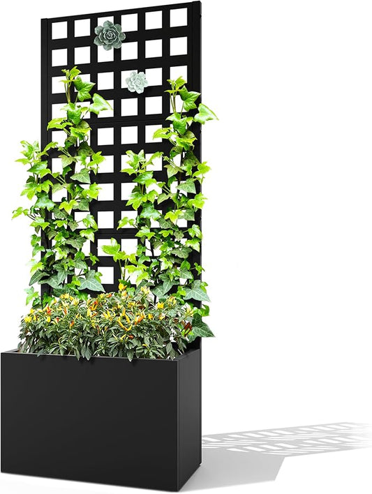 Metal Planter Box with Trellis, Raised Garden Bed with Privacy Screen, Outdoor Standing Flower Beds with Drainage Hole for Climbing Plants, Vine, 23" L x 12" W x 63" H, Black