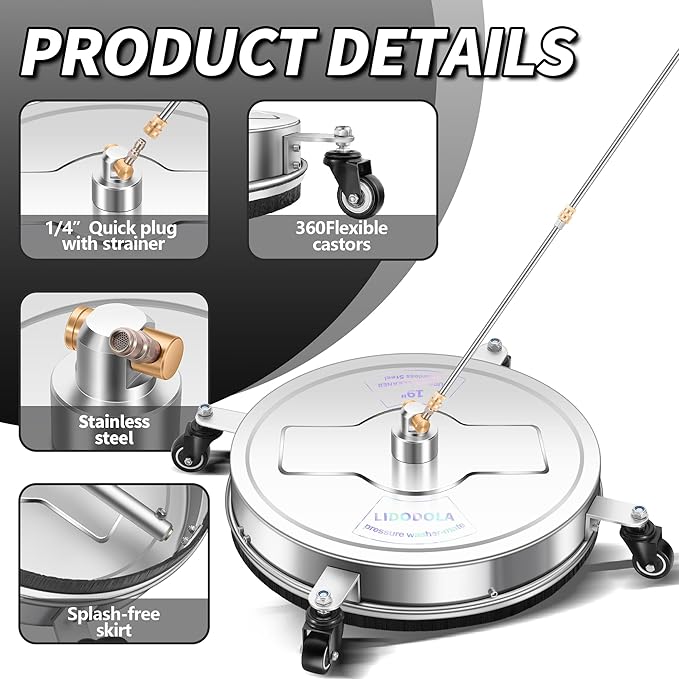 19" Pressure Washer Surface Cleaner with 4 Wheels - Stainless Steel Surface Cleaner for Pressure Washer Attachment for Concrete, Patio, Sidewalk, Deck, Driveways and Daily Washing - PWS 19