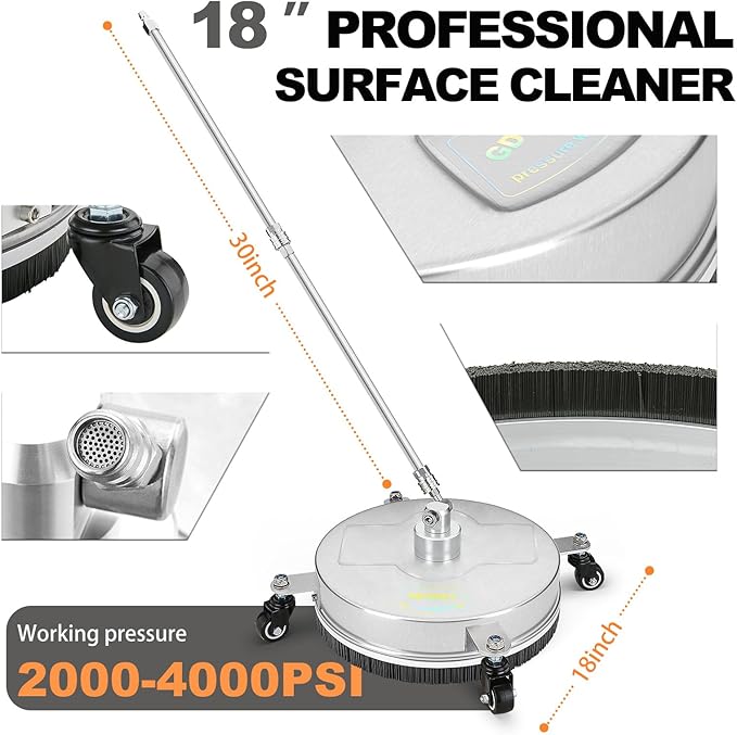 18" Pressure Washer Surface Cleaner with 4 Wheels, Stainless Steel Power Pressure Washer Attachment for Driveway Concrete Patio Cleaning, 2 Extension Wand Accessories, 1/4" Quick Connect, 4000PSI