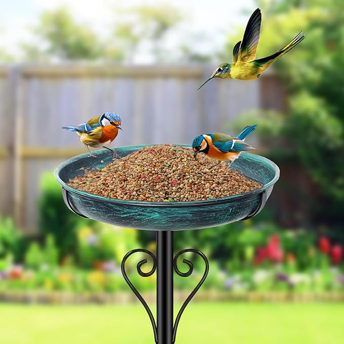 Metal Bird Bath for Outside, Vintage Freestanding Birdbaths with Metal Stake, Upgraded 5 Pronged Base Birdfeeder Feeder Bowl for Outdoors Garden Patio Yard Lawn Decor (Vintage Green)