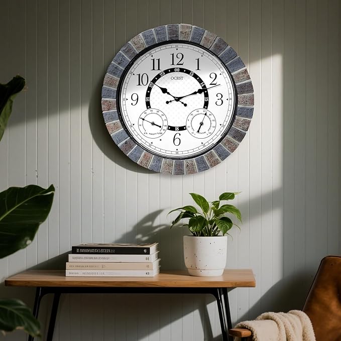 OCEST 18 Inch Large Outdoor Clock Waterproof Thermometer Hygrometer Combo Night Light Illuminated Wall Clocks Battery Operated Silent Non-Ticking Ideal Patio Clock for Garden Pool Porch Yard Garage
