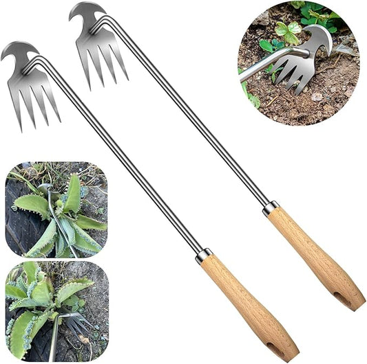2pack 16inch Weed Puller Tool,Weeding Tool,4 Teeth Stainless Steel Hand Weeder for Effortless Weeding,Portable Uprooting Tool for Vegetable Gardening,Backyard,Farm (Wooden Handle&Stainless Steel)