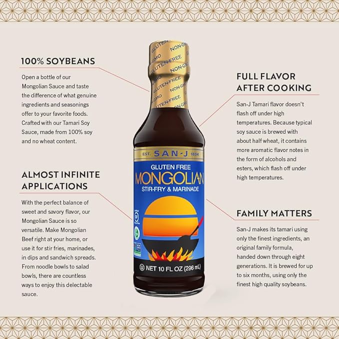 San-J - Gluten Free Mongolian Sauce - Bold and Flavorful Sauce for Cooking - Non-GMO - 10 oz. Bottles - 6 Pack