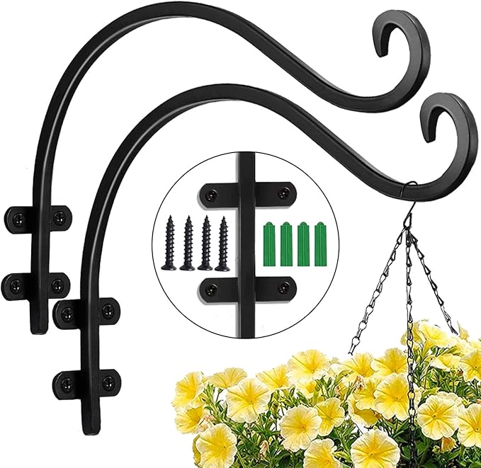 16 Inch Plant Hangers Outdoor 2 Pack Black, Heavy Duty Plant Hanging Bracket Hook for Flowers Baskets Planter Pots Bird Feeder Lanterns Wind Chimes Outdoor Indoor