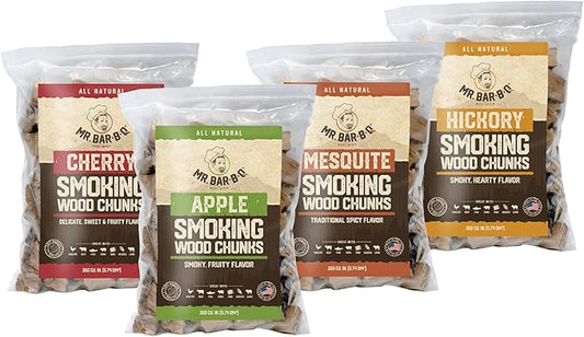 Variety Pack Wood Chunks for Smoking by Mr. Bar-B-Q, Variety of 4 Flavors Hickory, Apple, Cherry & Mesquite Wood Chunks for Smoking Meat, BBQ Grilling, Camping & Outdoor Adventures - 4 x 3.5 Pound Bag