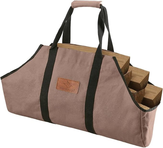 WHITEDUCK TUFF Large Firewood Carrier 21 Oz. Heavy Duty Waxed Canvas Log Carrier Holder for Fireplace, Carrying Wood Indoor & Outdoor (Brown, Boat Shape (26"x17"x9"))