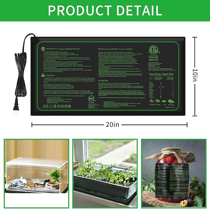 Seedling Heat Mat with ETL Listed,Warm Hydroponic Heating Pad for Indoor Seed Starting,Brewing and Greenhouses,Durable Waterproof Germination Station Heat Mat (1 Pack-20"x10"-Heat Mat)