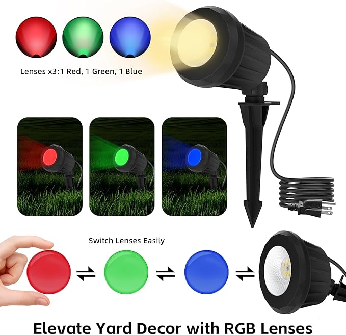 Spotlight Outdoor, 2700K Warm White 10W LED Landscape Spot Lights with RGB 3 Lenses, IP67 Waterproof, 120V Plug-in for Holiday & Everyday Decor in Yard Garden Lawn Tree(1 Pack, Black)