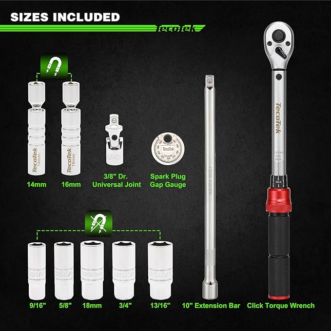 11Pcs 3/8" Drive Spark Plug Socket Set with Click Torque Wrench, Spark Plug Gapper, Universal Joint, Extension Bar, 9/16", 5/8", 3/4", 13/16", 14, 16 and 18mm, CR-V Sockets with Rubber Rings