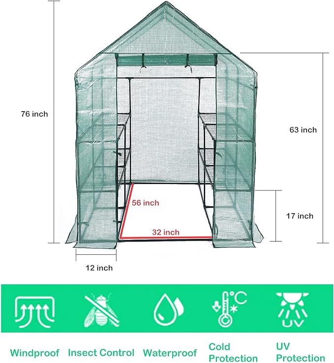 Greenhouses for Outdoors, PE Walk in Greenhouse with 2 Side Mesh Windows, Portable Green House with Anchors & Ropes Stands Up to Wind, 56"x56"x78"Green