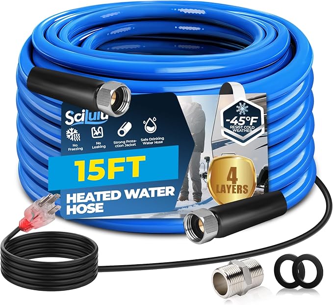 15FT Heated Water Hose for RV, Freeze Protection to -45°F, Lead-Free & BPA-Free, Safe Drinking Water for Campers, Gardening, Livestock, Home Use,Great Rv Accessories