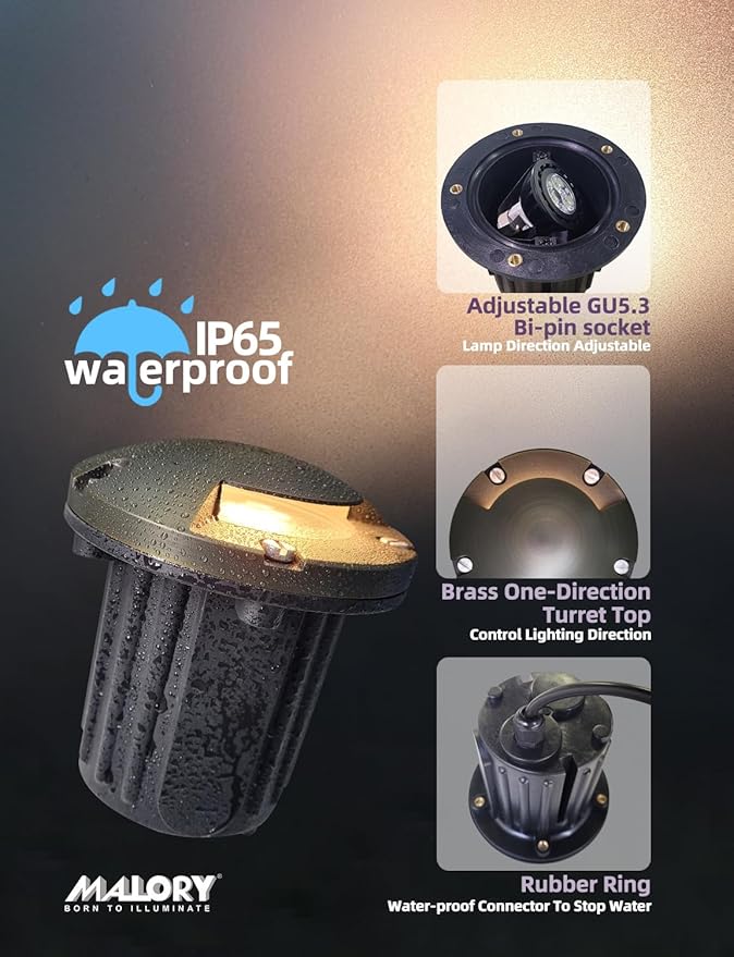 MALORY Low Voltage Landscape Well Lights,（5‘’H 12V Brass Top Cover Outdoor In Ground Lights,Landscape Lighting for Pathway, Driveway and Garden (One-Direction Turret, 1-Pack with Bulb)