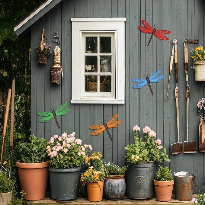 Metal Dragonfly Wall Decor, 4 Pack 14inch Retro Metal Dragonfly Wall Hanging Sculpture Decor for Outdoor, Yard Patio Fence Garden Outside Decorations