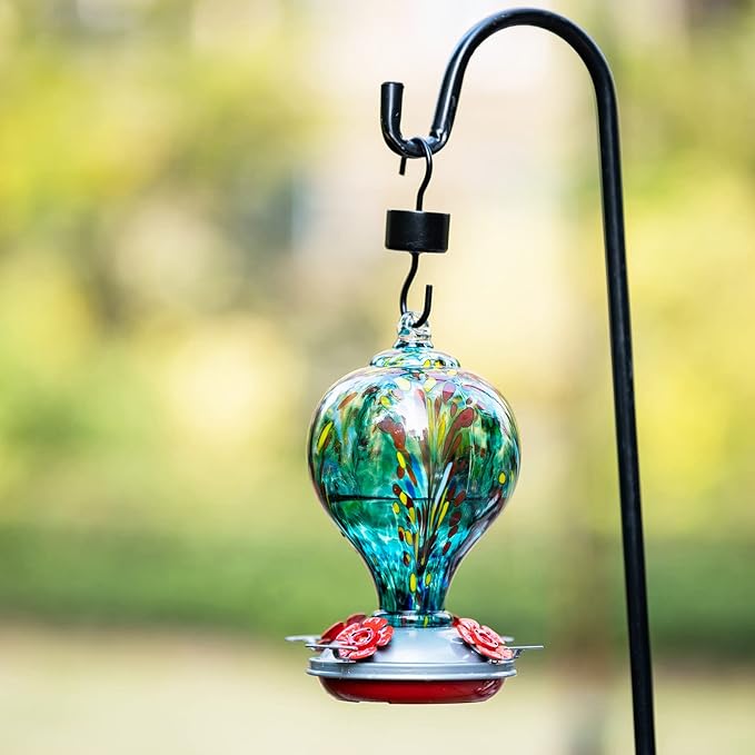 2 Packs Hummingbird Feeder for Outdoors Hanging Ant and Bee Proof, 32OZ Hand Blown Glass Hummingbird Feeders for Outside, Christmas Decoration Gifts for Mom (Teal & Red)