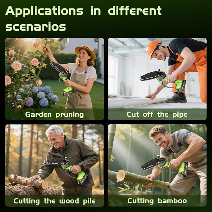 Mini Chainsaw 6inch, Chainsaw Cordless w Automatic Oiler, Handheld Electric Power Chain Saw w Security Lock, Brushless Motor,Power Chain Saws for Wood/Trees Trimming (Green - 2 batteries)