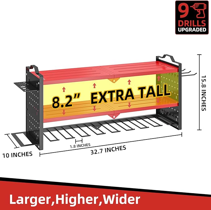 Power Tool Organizer Wall Mount with 9 Drill Holder, Cordless Tool Organizer and Storage Rack, Garage Heavy Duty Metal Shelf Organization for Battery, Tool Box, Hammer, Screwdriver（Red）