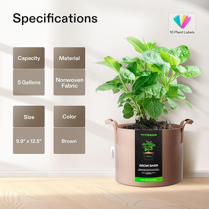 VIVOSUN 5-Pack 5 Gallons Grow Bags Heavy Duty Thickened Nonwoven Fabric Pots with Strap Handles Tan