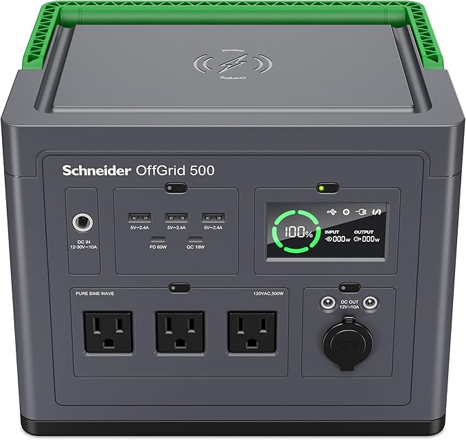 Schneider OffGrid Portable Power Station 500, 517Wh Portable Solar Generator for Camping or Home, PPS500, Wireless phone charger, solar generator options