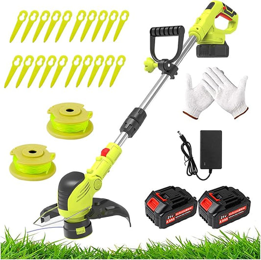 String Trimmers 21V 8-inch Cordless Weed Trimmer with Auto Line Feed, 2 X 2.0Ah Battery Powered Grass Cutter Lawn Edger Fast Charger Included