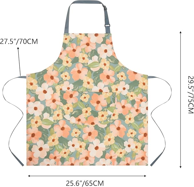 2 Pack Floral Apron for Women with Pockets, Adjustable Cotton Chef Aprons for Kitchen, Cooking, BBQ & Grill
