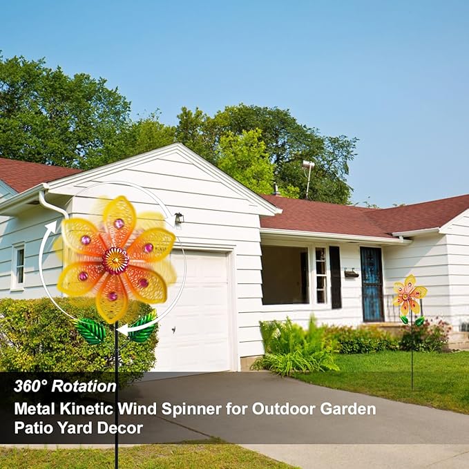 Garden Wind Spinners & Metal Wind Sculptures - Outdoor Windmill Decor with Vibrant Yellow, Yard Art for Patio Lawn Garden Ornament, Dynamic Wind Spinner Sculpture for Landscape Decor