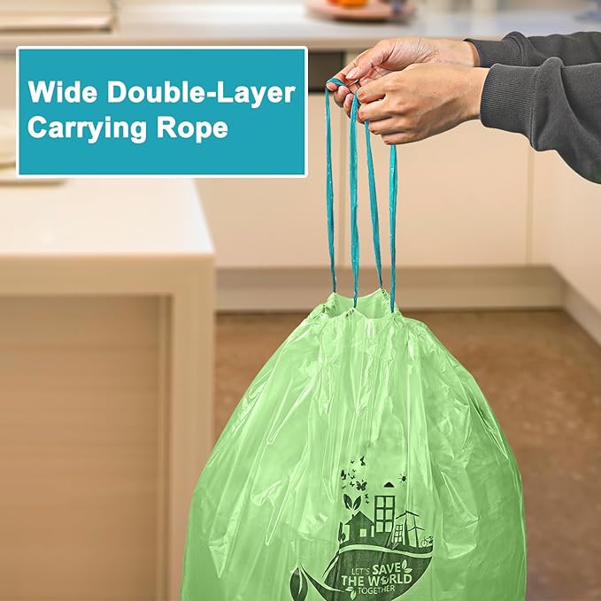 13 Gallon,200 Count, Compostable Trash Bags with Drawstring,Tear Resistant Kitchen Food Scrap Waste Bag, ASTM D6400, US BPI and Europe OK Compost Home Certified