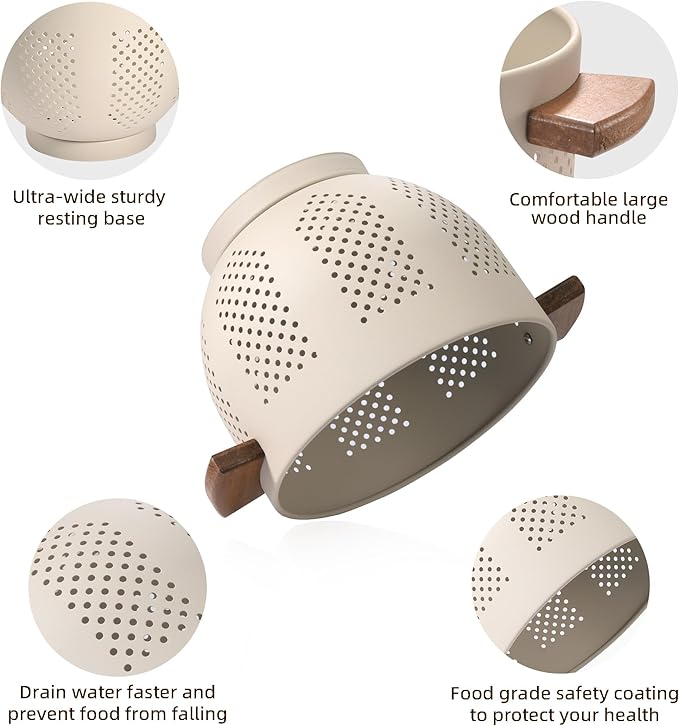 Metal Colander with Wood Handle and Stable Base, Powder Coated Steel Kitchen Strainer Basket for Draining Pasta, Vegetable and fruit (3quart,Sandyellow)