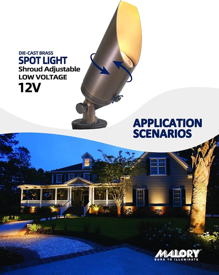 MALORY Brass Outdoor Spot Lights,12V AC/DC Low Voltage LED Landscape Lighting,Waterproof Spot Up Light for Garden,Patio and Yard (S03, 12-Pack with Bulb)