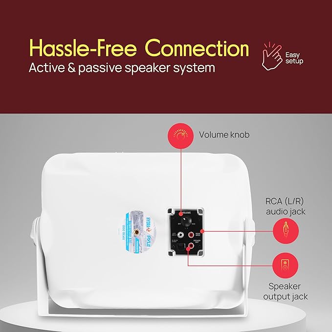 Pyle Outdoor Bluetooth Wireless Speaker System-2-way Active/Passive Pair - 6.5in, 800Watt Peak Power,Weatherproof,Wall/Ceiling Mounted Speakers w/ Metal Grill, Universal Mount, Indoor/Outdoor-White