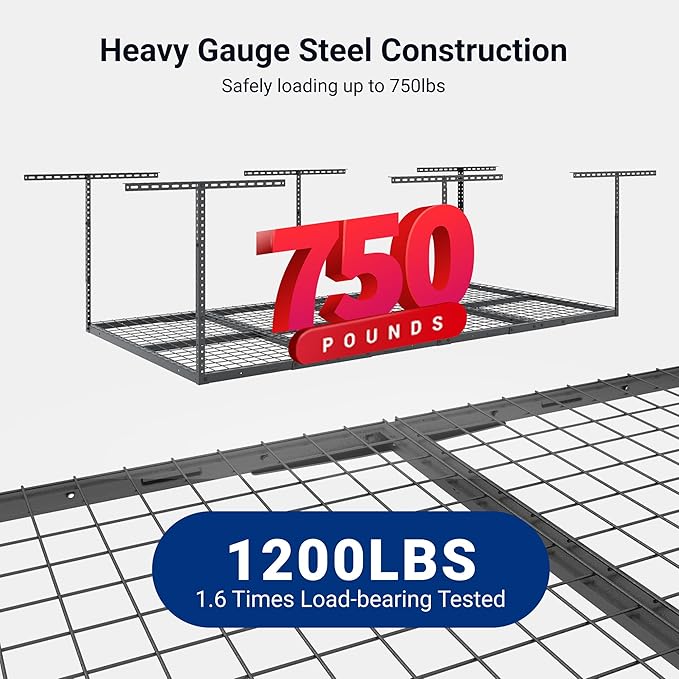 FLEXIMOUNTS 4x8 Overhead Garage Storage Rack, Adjustable Organization System, Heavy-Duty Metal Ceiling Racks, 2 Pack, Hammertone