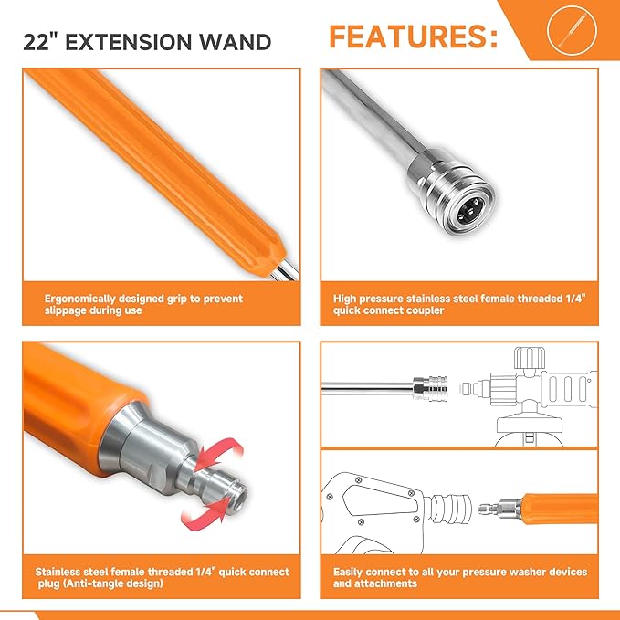 22" Pressure Washer Extension Wand,Stainless Steel 1/4"Quick Connect Power Washer Lance,Short Power Washer Wand Replacement For Car Wash,Pressure Washer Accessories