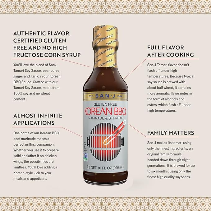San-J - Gluten Free Korean BBQ Sauce - Bold and Savory Sauce for Cooking - Non-GMO - 10 oz. Bottles - 2 Pack