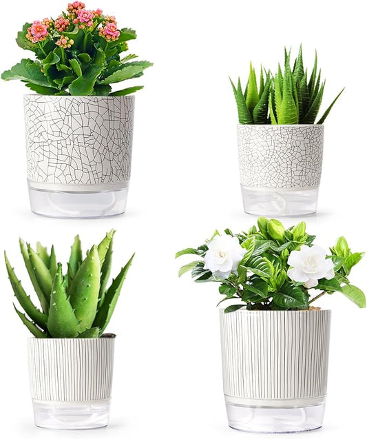Self Watering Pots for Indoor Plants, 5 & 4 Inch Stylish Flower Pots, Set of 4 Modern Planters with Self-Watering Feature (Mixed Colors)