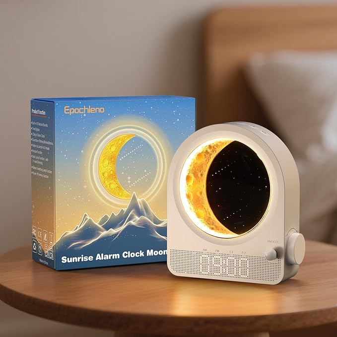 Sunrise Alarm Clock, White Noise Machine & Meteor Moonlight - 10 Soothing Sounds, Dual Alarms, 30/60/90min Timer, Easy Snooze - Bedroom Gift for Insomnia Adults/Women - White