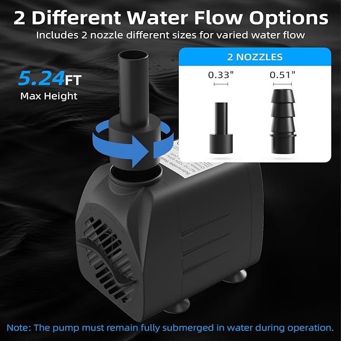 220GPH Submersible Water Pump(900L/H, 15W), waatoos Durable Outdoor Fountain Pump with 4.9 ft Tubing for Aquariums, Fish Tank, Pond Fountain, Statuary, Hydroponics, Water Feature, Indoor Fountains