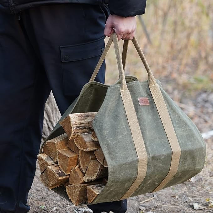 Sturdy Waxed Canvas Firewood Log Carrier, Durable Firepalce Wood Bag with Reinforce Duty Straps Green