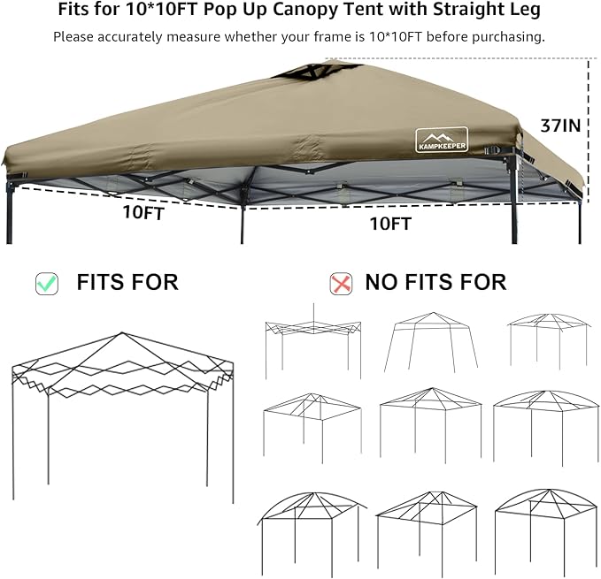 KAMPKEEPER Replacement Top Pop Up Canopy Tent Cover Roof with Air Vent and Adjustable Elastic Strap, Polyester UV Waterproof for Outdoor Garden Patio Sun Shade(Top Only) (Khaki, 10x10FT)