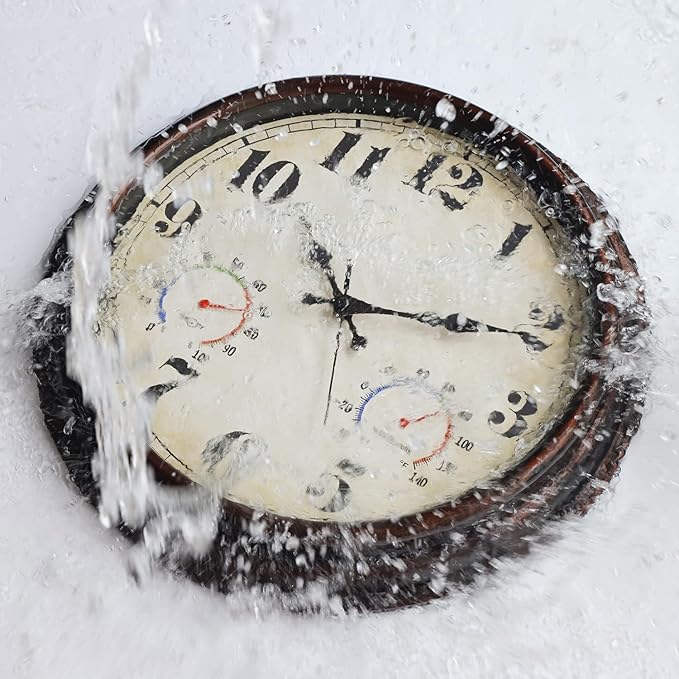 JENLYSTIME 16 Inch Dark Brown Vintage Wall Clock with Thermometer & Hygrometer - Waterproof Decorative Indoor/Outdoor Clock with Large Numerals & Silent Sweep Movement - Ideal for Porch, Garden, Pool