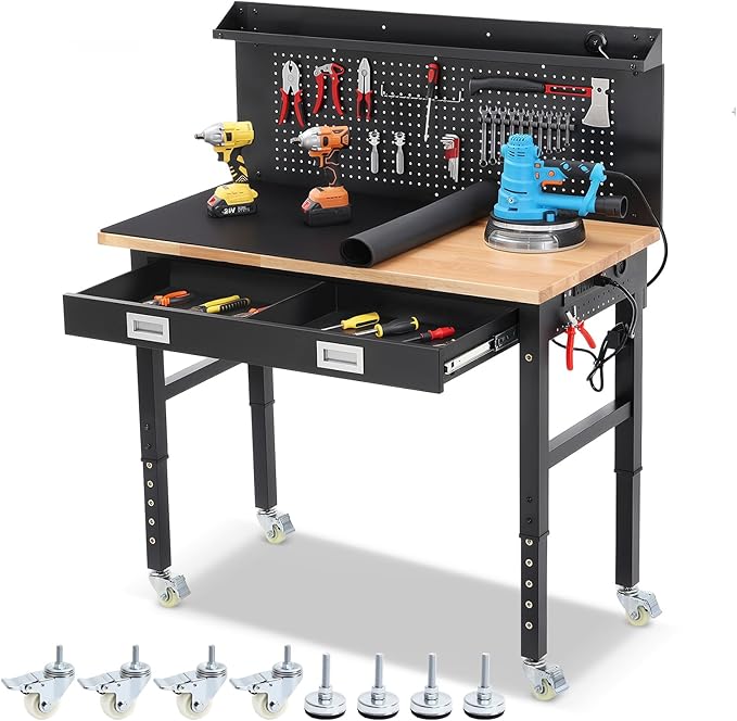 Work Bench for Garage 48 Inch Heavy Duty Rubberwood Tabletop Workbench with Wheels, Pegboard, Drawers, Power Outlets Adjustable Height Work Table for Home, Office, Workshop