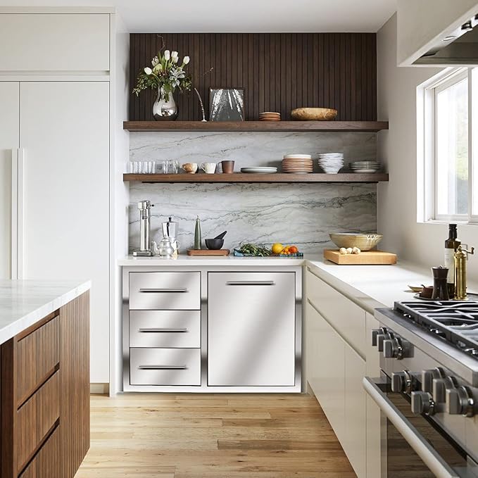 Outdoor Kitchen Drawer Combo, BBQ Access Trash Drawer Combo with Triple Stainless Steel Drawers(Left), Outdoor Kitchen for BBQ Island, Grilling Station, Outside Cabinet (28" W x 19.6“D x 20.1" H)