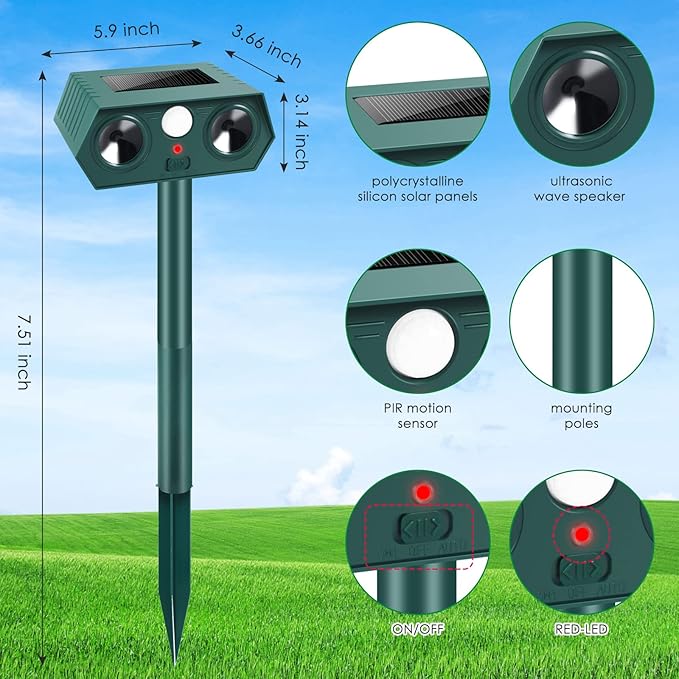 2025 Racoon Squirrel Sonic Fortress Pro Rabbit Repellent Outdoor, Solar Ultrasonic Animal Repeller Deer Deterrent with Motion Sensor to Scare Cat Dog Skunk Out of Garden Farm Yard(4Pack)