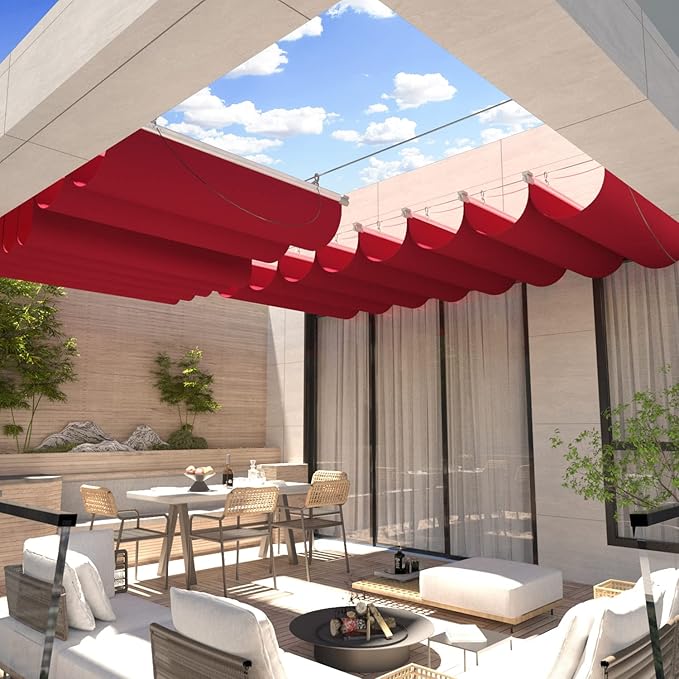 ECOOPTS 7'x20' Retractable Waterproof Wave Sun Shade Canopy Pergola Cover Shade Sail Awning for Outdoor Patio Porch Garden Deck Backyard (Red)