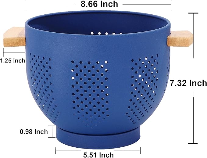 Metal Colander with Wood Handle, 5.5 Quart Powder Coated Steel Large Kitchen Strainer Stable Base,(Deep Blue, 11.26inch)