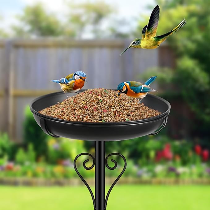 Metal Bird Bath for Outside, Vintage Freestanding Birdbaths with Metal Stake, Upgraded 5 Pronged Base Birdfeeder Feeder Bowl for Outdoors Garden Patio Yard Lawn Decor (Black)