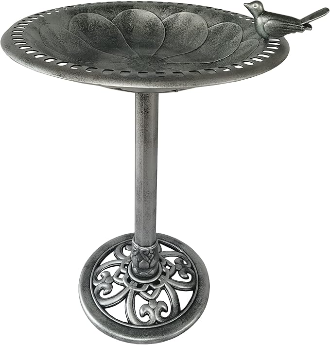 Outdoor Garden Bird Bath - Silver - Weather Resistant Polyresin - 30 Inch - Backyard Expressions
