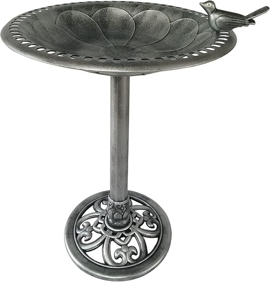 Outdoor Garden Bird Bath - Silver - Weather Resistant Polyresin - 30 Inch - Backyard Expressions